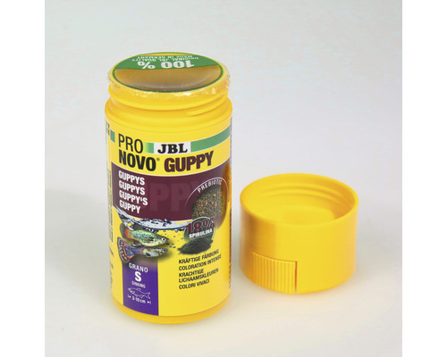 JBL Pro Novo Guppy Fischfutterdose mit geöffnetem Deckel