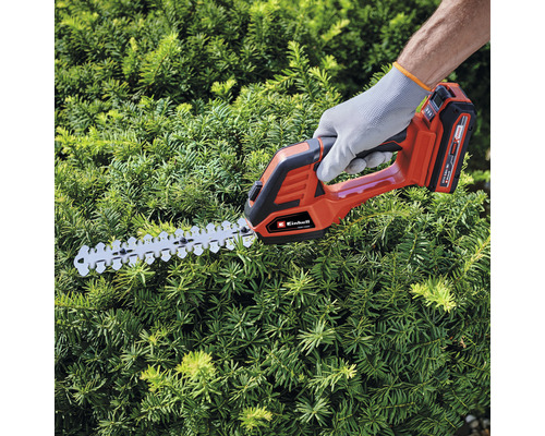 Akkubetriebene Heckenschere im Einsatz zum Schneiden einer Hecke