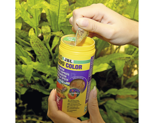 JBL Novo Color Fischfutter Dose wird geöffnet.