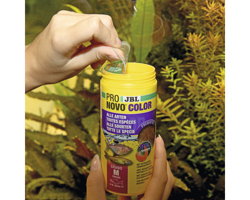 Pro JBL Novo Color Fischfutter Dose wird geöffnet.