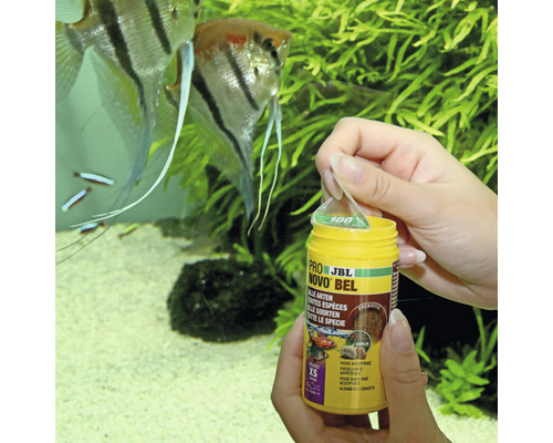 Person öffnet eine Dose JBL Pro Novo Bel Fischfutter vor einem Aquarium