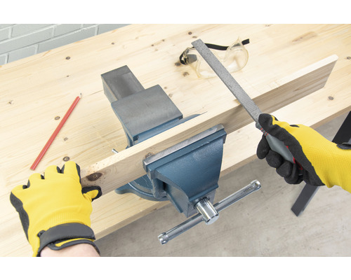 Werkbank mit Schraubstock, Holzbrett und Feile für die Holzbearbeitung.