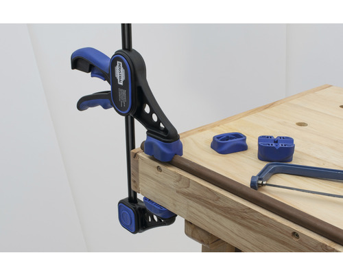 Rohrfixierung mit einer Rohrzange auf einer Werkbank zusammen mit einer Metallsäge und Rohrauflagen