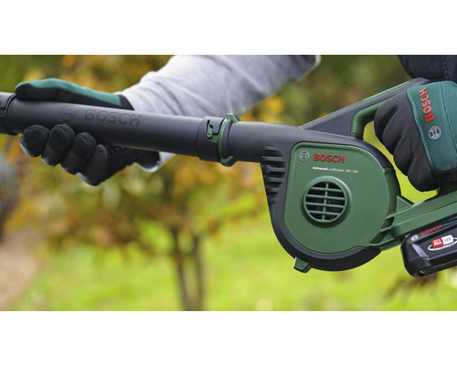 Eine Person hält einen akkubetriebenen Laubbläser der Marke Bosch.