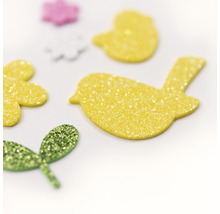 Glitzernde Bastelaufkleber in Vogel-, Blatt- und Blumenform