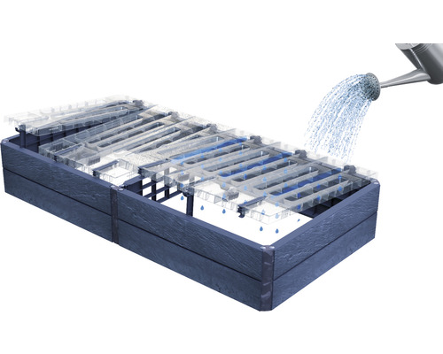 Hochbeet mit Bewässerungssystem und Giesskanne