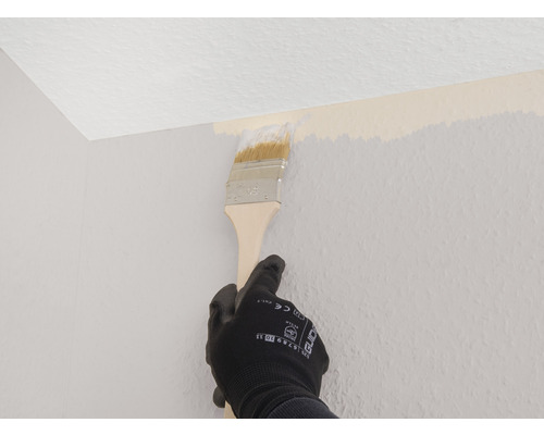 Eine Person streicht mit einem Pinsel eine Wand in einem Raum.
