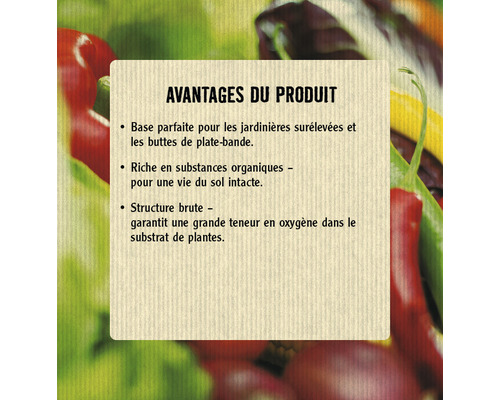 Avantages du produit: Base idéale pour les plates-bandes surélevées et les plates-bandes plates, riche en matières organiques pour une vie du sol intacte, structure grossière garantit une teneur élevée en oxygène dans le substrat des plantes.