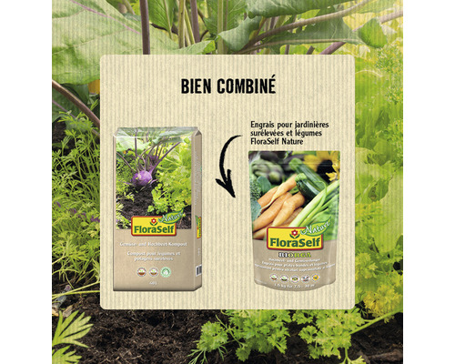 FloraSelf terreau potager et pour plates-bandes surélevées et FloraSelf Nature engrais bio pour plates-bandes surélevées et légumes