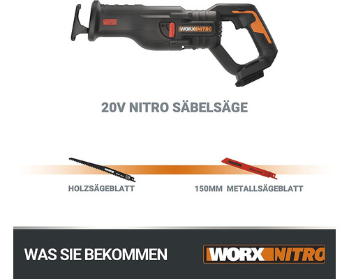 Worx Nitro 20V Säbelsäge mit Holz- und Metallsägeblatt
