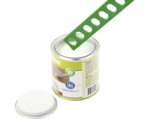 Boîte d''apprêt pour bois avec bâton mélangeur et couvercle retiré