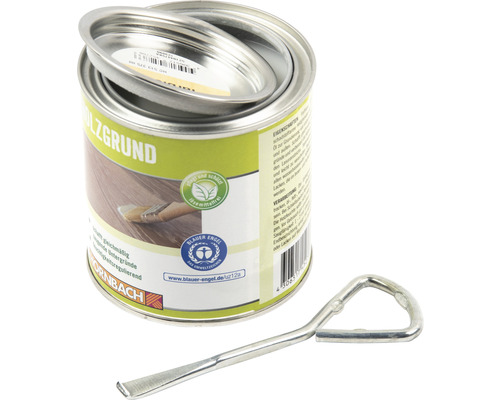 Boîte ouverte d''apprêt pour bois avec ouvre-boîte