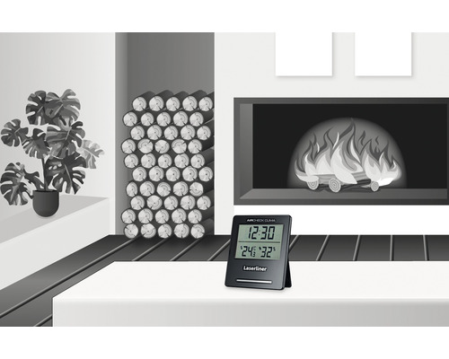 Scène d''intérieur avec plante, pile de bois, cheminée et appareil de mesure du climat ambiant Laserliner Aircheck Clima
