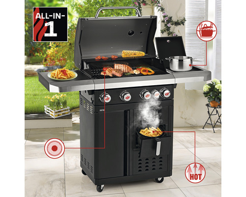 All-in-One Grill mit Grillgut, Frittierkorb und Kochstelle