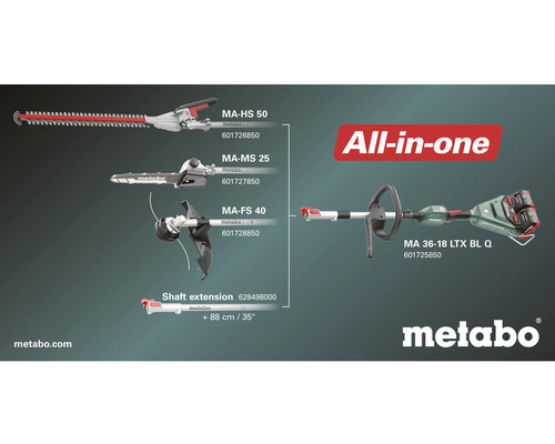 Outil multifonction sans fil All-in-One Metabo avec taille-haie, tronçonneuse, débroussailleuse et rallonge de manche