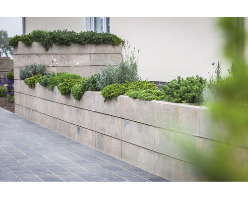 Muret de jardin empilé avec des plantations