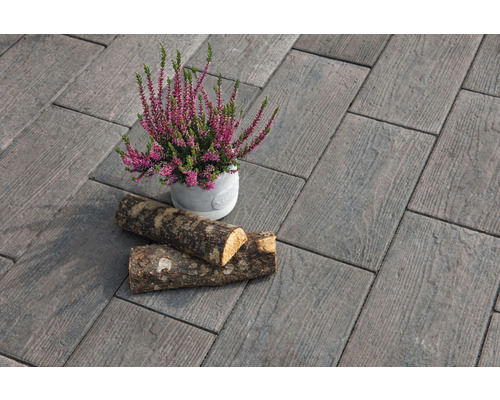 Pose de pavés avec structure en bois, décorée d''une plante en pot et de morceaux de bois