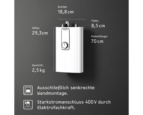 Elektrischer Kleinspeicher mit Abmessungsangaben für die Wandmontage