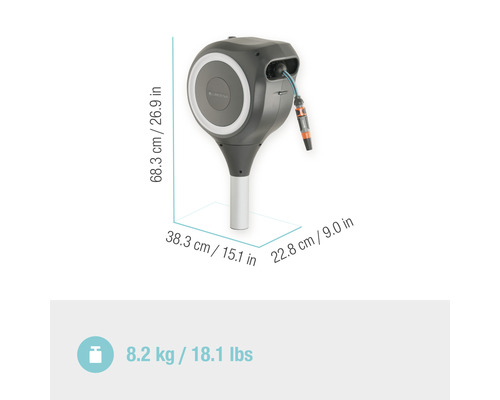Gardena Wand-Schlauchbox mit Abmessungen und Gewicht.