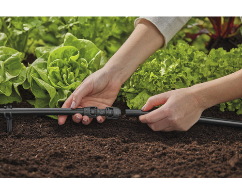 Personne connectant un système d''irrigation dans un jardin