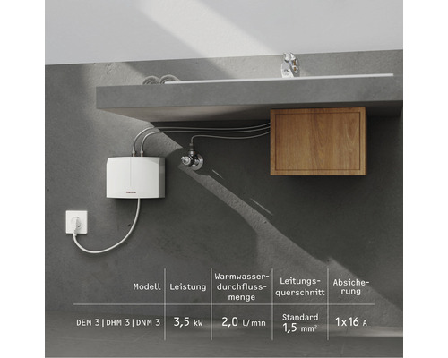 Elektronischer Kleindurchlauferhitzer mit Armatur unter einem Waschbecken