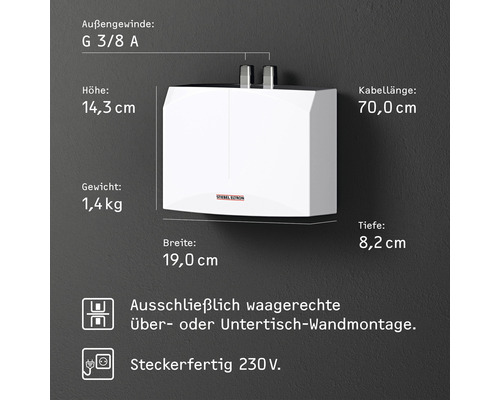 Steinel Elektron Kleinwasserspeicher mit den Massen 14,3 cm Höhe, 19 cm Breite und 8,2 cm Tiefe
