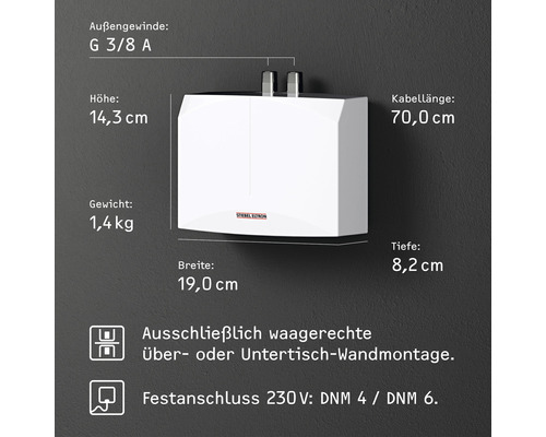 Stiebel Eltron Kleinspeicher mit technischen Daten zu Größe, Gewicht und Installation.