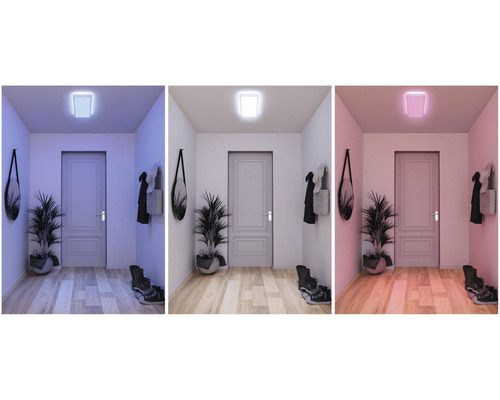 Trois présentations d''un couloir avec un plafonnier carré de différentes couleurs