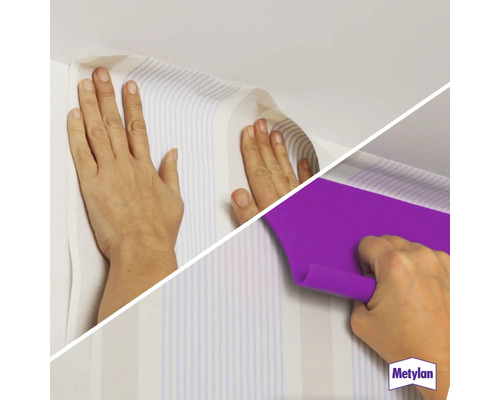 Anbringen einer gestreiften Tapete mit Händen und einem Tapezierspachtel