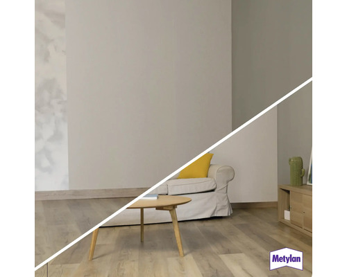 Salon avec comparaison de couleurs murales et logo MetyLan