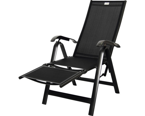 Chaise longue de jardin noire réglable avec accoudoirs et repose-pieds