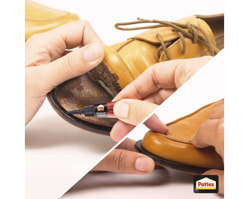 Une personne répare une chaussure avec de la colle à chaussures.