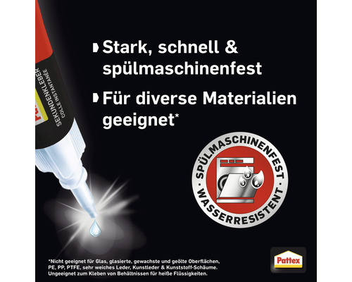 Pattex Sekundenkleber mit dem Hinweis stark, schnell und spülmaschinenfest