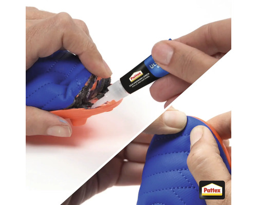 Application de colle instantanée Pattex sur une chaussure