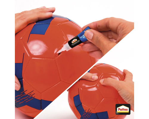 Une personne répare un ballon de foot avec de la colle forte gel Pattex