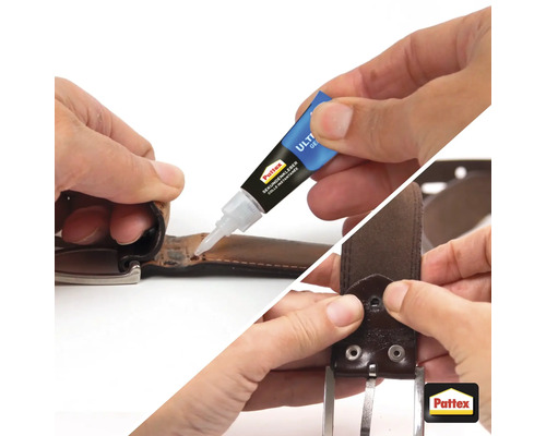 Application de la colle instantanée Pattex Gel pour réparer une ceinture en cuir