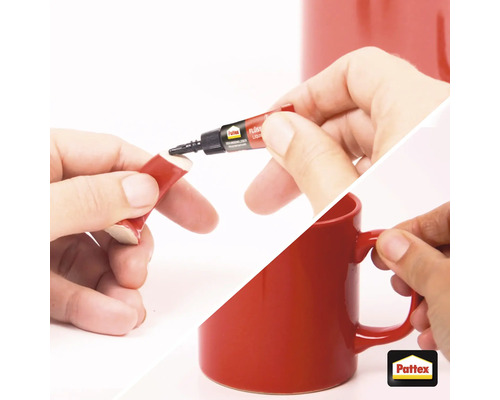 Réparation d''une tasse rouge avec de la colle liquide Pattex