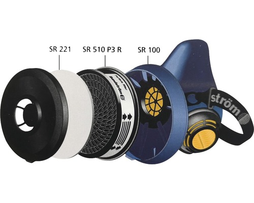 Vue éclatée d''un masque respiratoire avec filtres SR 221, SR 510 P3 R et SR 100