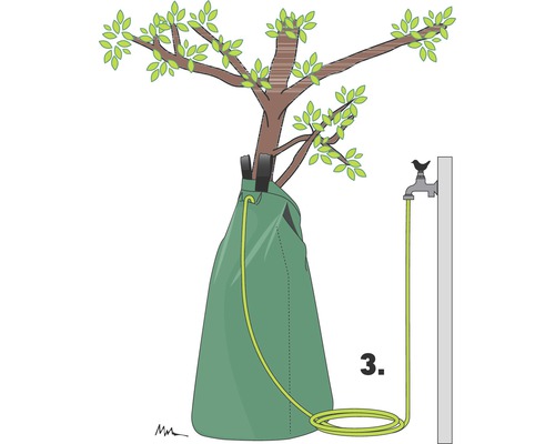 Illustration d''un arbre avec un sac d''arrosage et un tuyau d''arrosage connecté