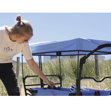 Bollerwagen mit Dach auf Sandstrand mit Frau