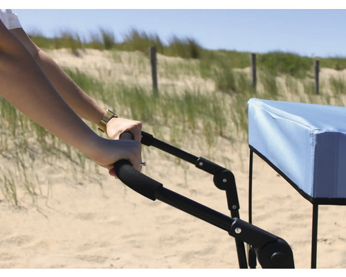 Une personne pousse un chariot de plage sur la plage.