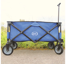 Blauer Bollerwagen mit Griff und vier Rädern