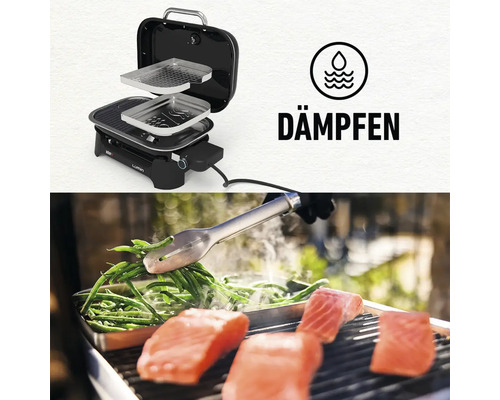 Elektrogrill mit Dämpfeinsatz zum Dämpfen von Lebensmitteln