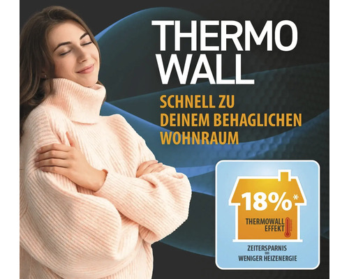 Thermo Wall Produktbild mit einer Frau, die sich wohlfühlt und einem Hinweis auf 18 Prozent Heizkostenersparnis