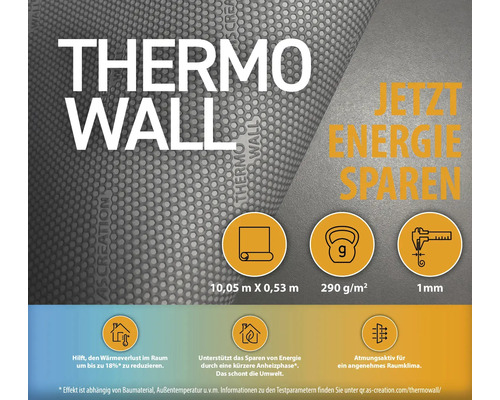 Thermo Wall zur Wärmedämmung mit den Maßen 10,05 Meter mal 0,53 Meter, einem Gewicht von 290 Gramm pro Quadratmeter und einer Dicke von 1 Millimeter.