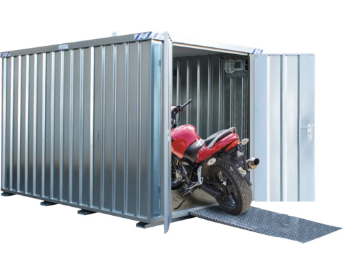 Abri de jardin en métal avec moto et rampe