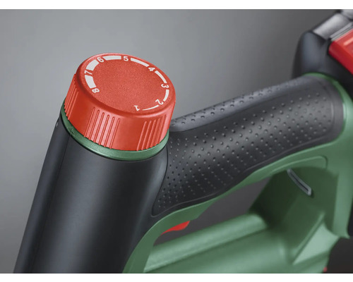 Detailaufnahme eines Gebläses mit rotem Drehknopf zur Geschwindigkeitsregulierung