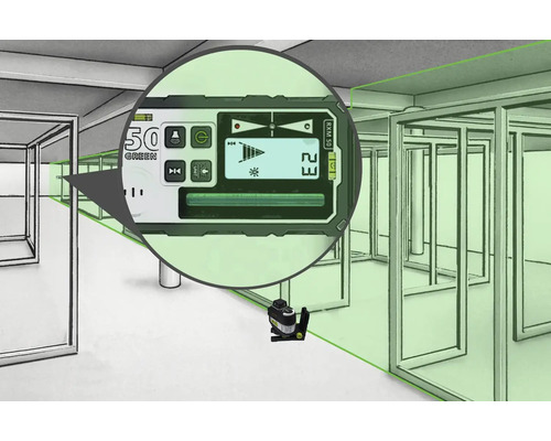 Illustration d''une pièce avec un laser à lignes et un écran agrandi pour afficher les valeurs mesurées.
