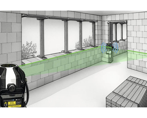 Illustration d''une pièce avec de la maçonnerie, dans laquelle un laser linéaire projette une ligne verte.