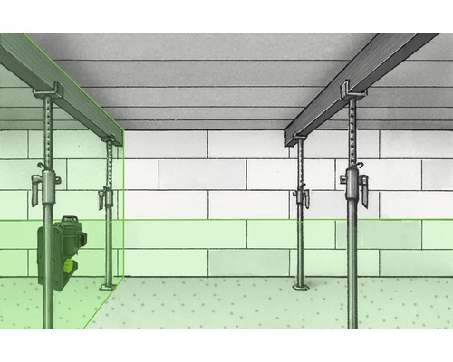 Illustration eines Kellerraums mit Stützbalken und Nivelliergerät.
